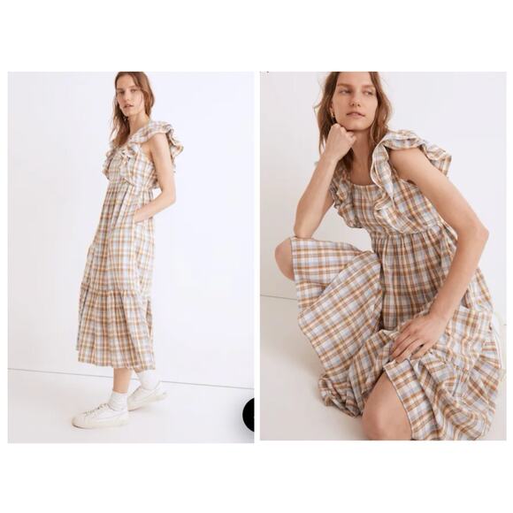 Madewell Dresses & Skirts - Madewell Ruffle-Sleeve Plaid Tiered Midi Dress in Plaid 14 Preppy Cottagecore